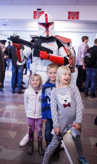 Clone trooper cosplay with fans at Sci-Fi World